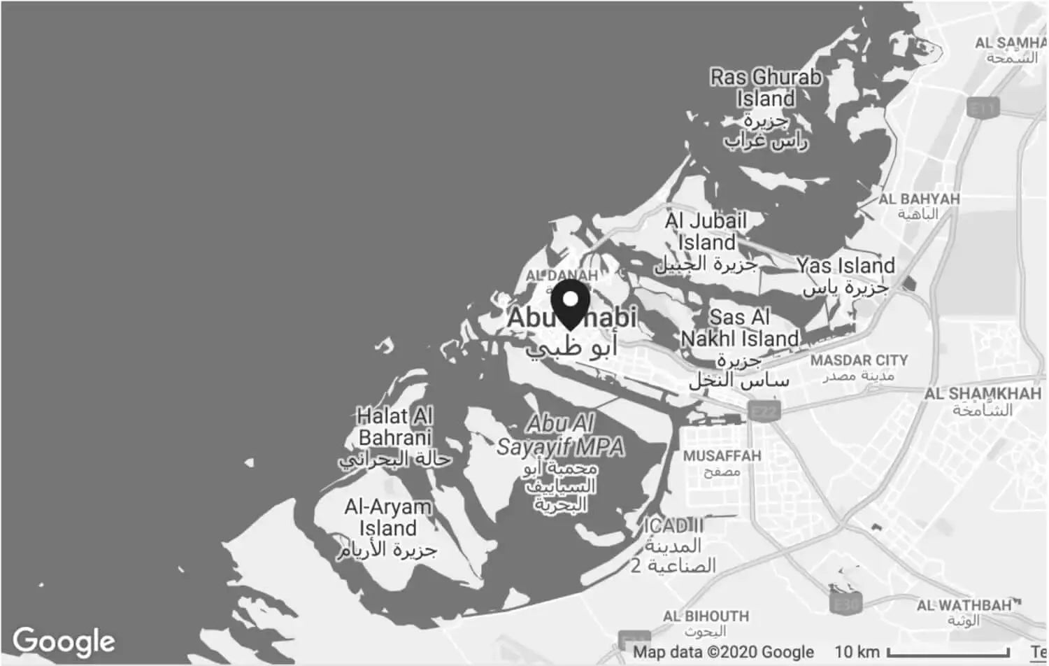 Gray map highlighting abu dhabi with labeled islands and cities in both english and arabic.