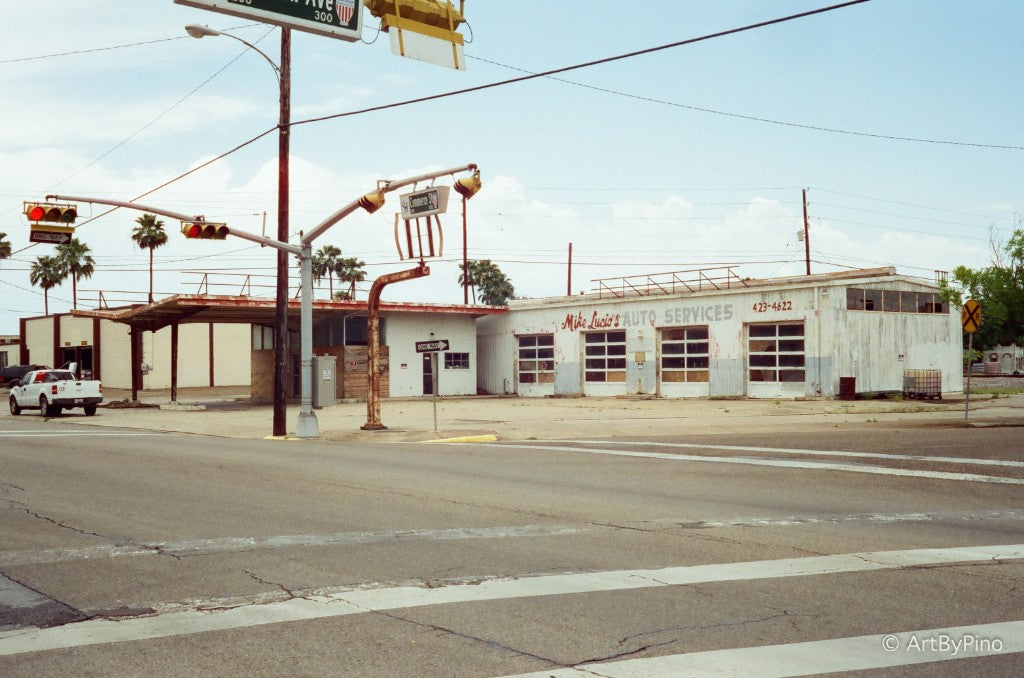 Mike Lucio's Auto Services on Commerce Street, Harlingen, Texas — CineStill 400D 35mm, Canon Canonet QL17 GIII