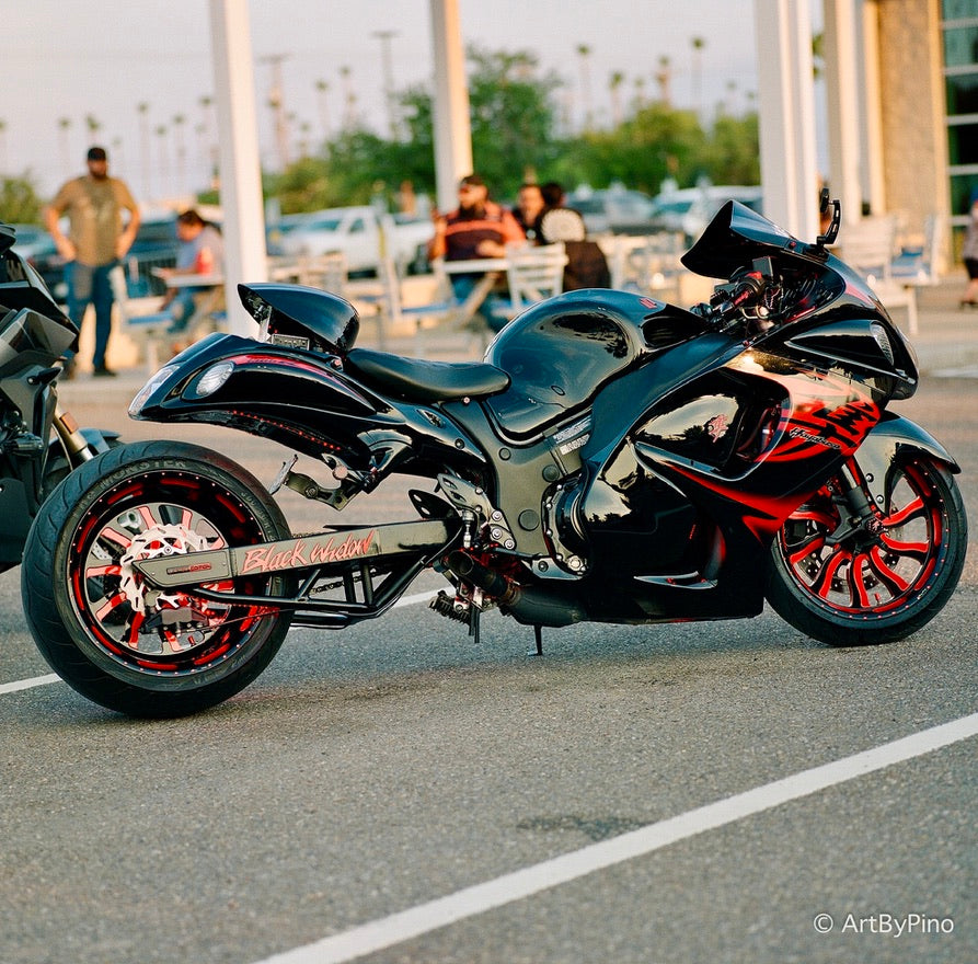Custom black and red Hayabusa-style motorcycle — Hasselblad 500CM + Kodak Portra 800 + 120