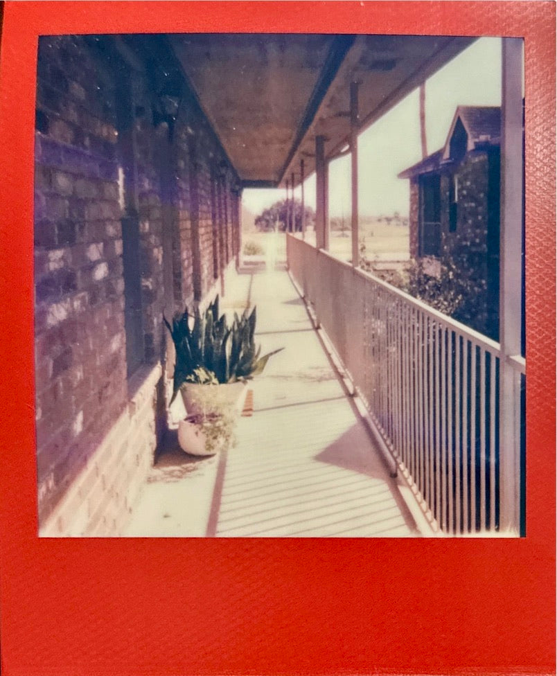 Pasarela de ladrillo cubierta con barandilla blanca y plantas de serpiente en macetas, enmarcada en rojo con un marco Polaroid — Polaroid Color i-Type Color tomas Edition, Polaroid Flip