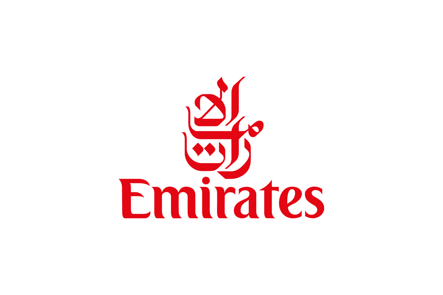 Red emirates airline logo featuring arabic calligraphy above the word ’emirates’ in a bold serif font.