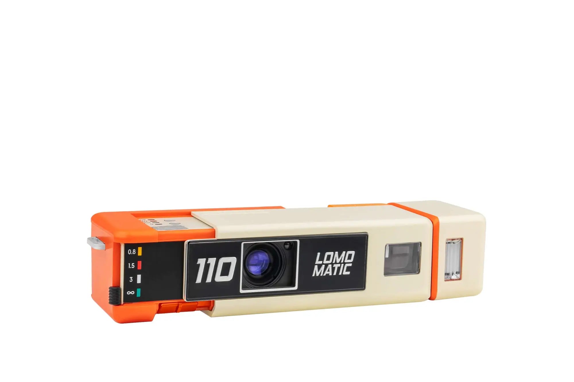 Orange and cream-colored lomo’copic 110 instant camera with a black label featuring ’110’’ and ’lomo matic’ in white text.