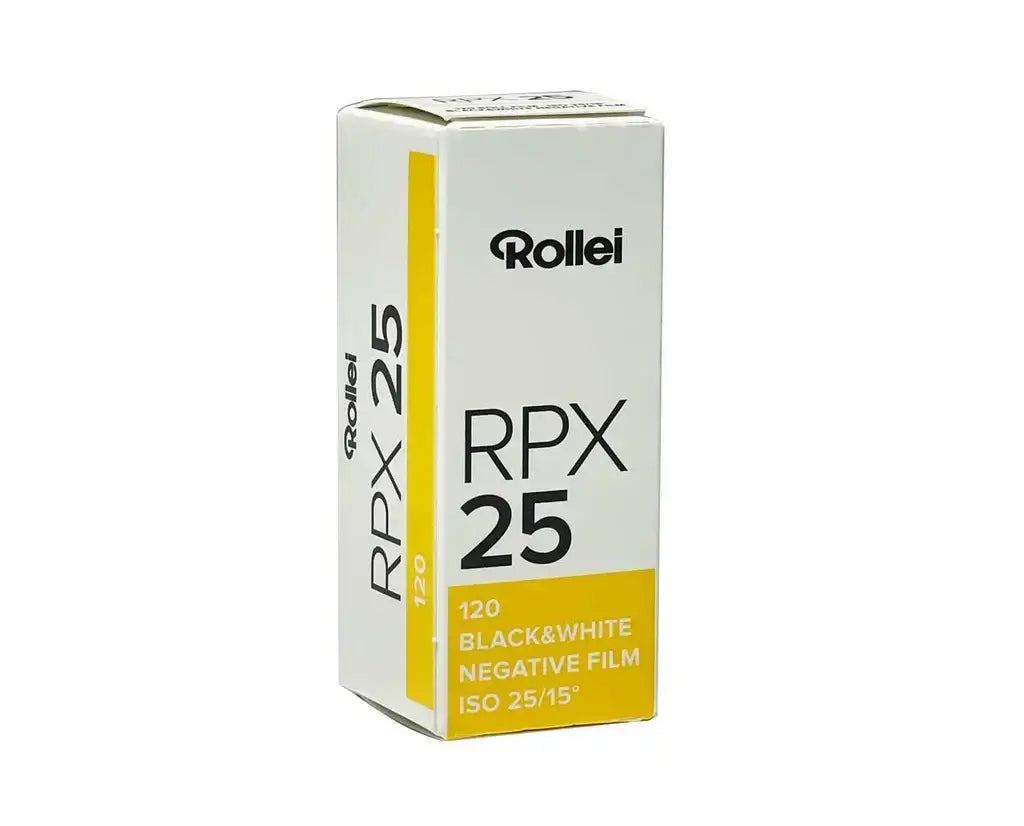 White and yellow rollei rpx 25 film box for black-and-white negative photography.