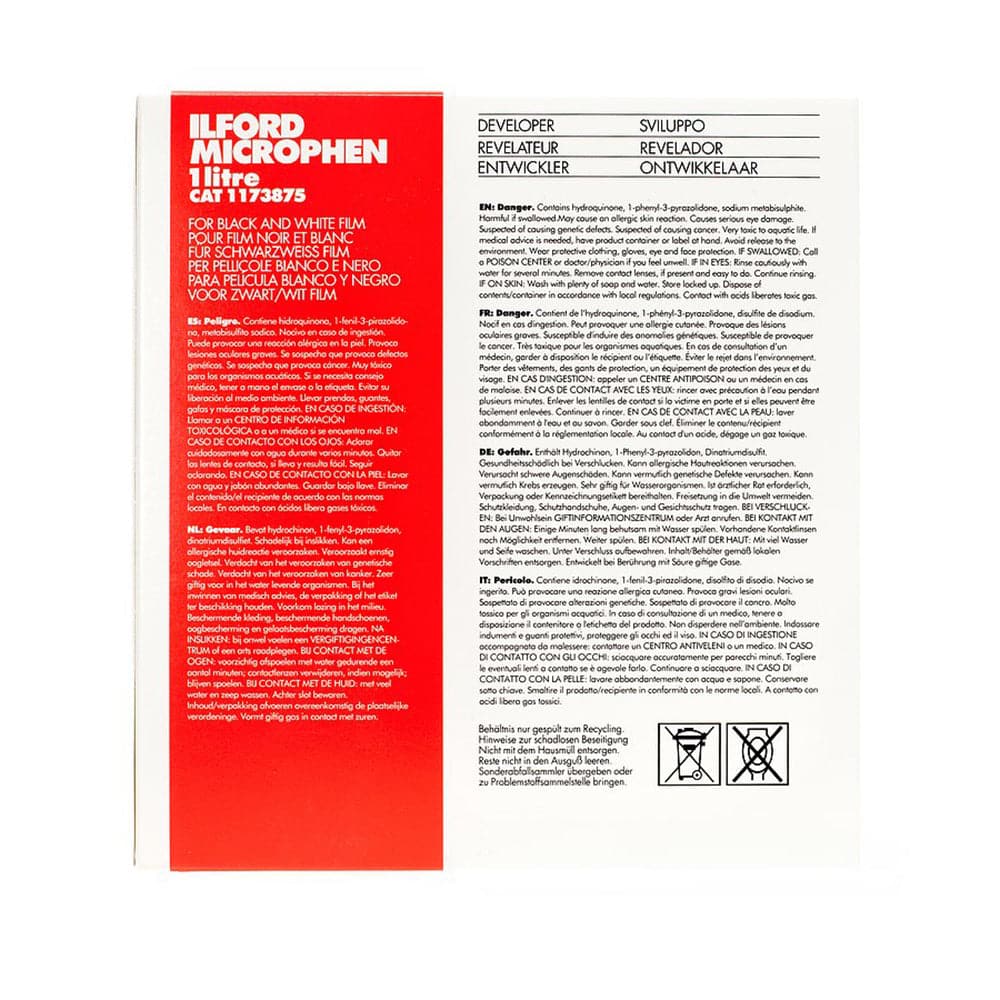 Ilford microphen 1 litre cat 1173875 black and white film in a red cardboard box.