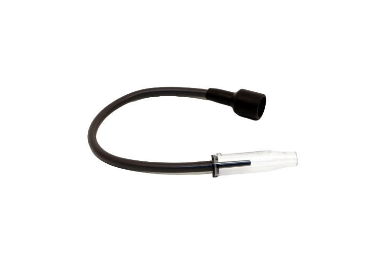 Black rubber tubing with a clear plastic connector and black cap end