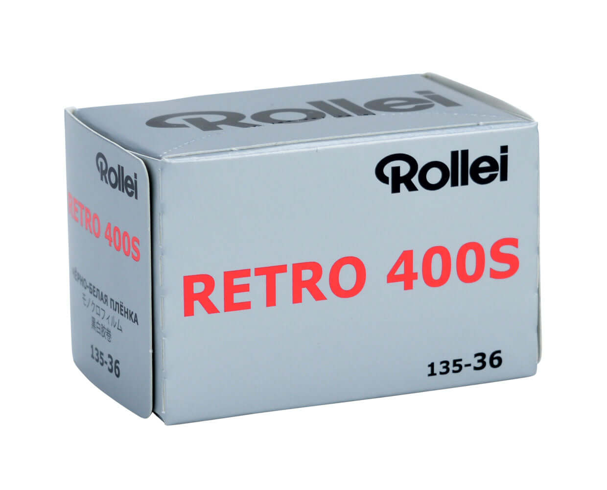 Light gray cardboard box with ’rollei’ branding and bold red text reading ’retro 400s,’ indicating it contains a film product.
