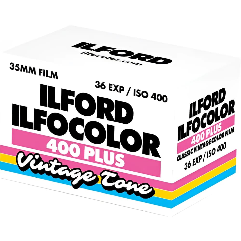 White box of ilford ilfocolor 400 plus vintage tone 35mm color film with pink, yellow and blue stripes.