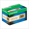 Fujifilm velvia 50 color reversal film in a green and blue box.