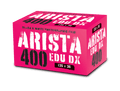 Vibrant pink box of arista 400 edu dx black and white photographic film.