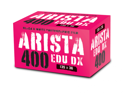 Vibrant pink box of arista 400 edu dx black and white photographic film.