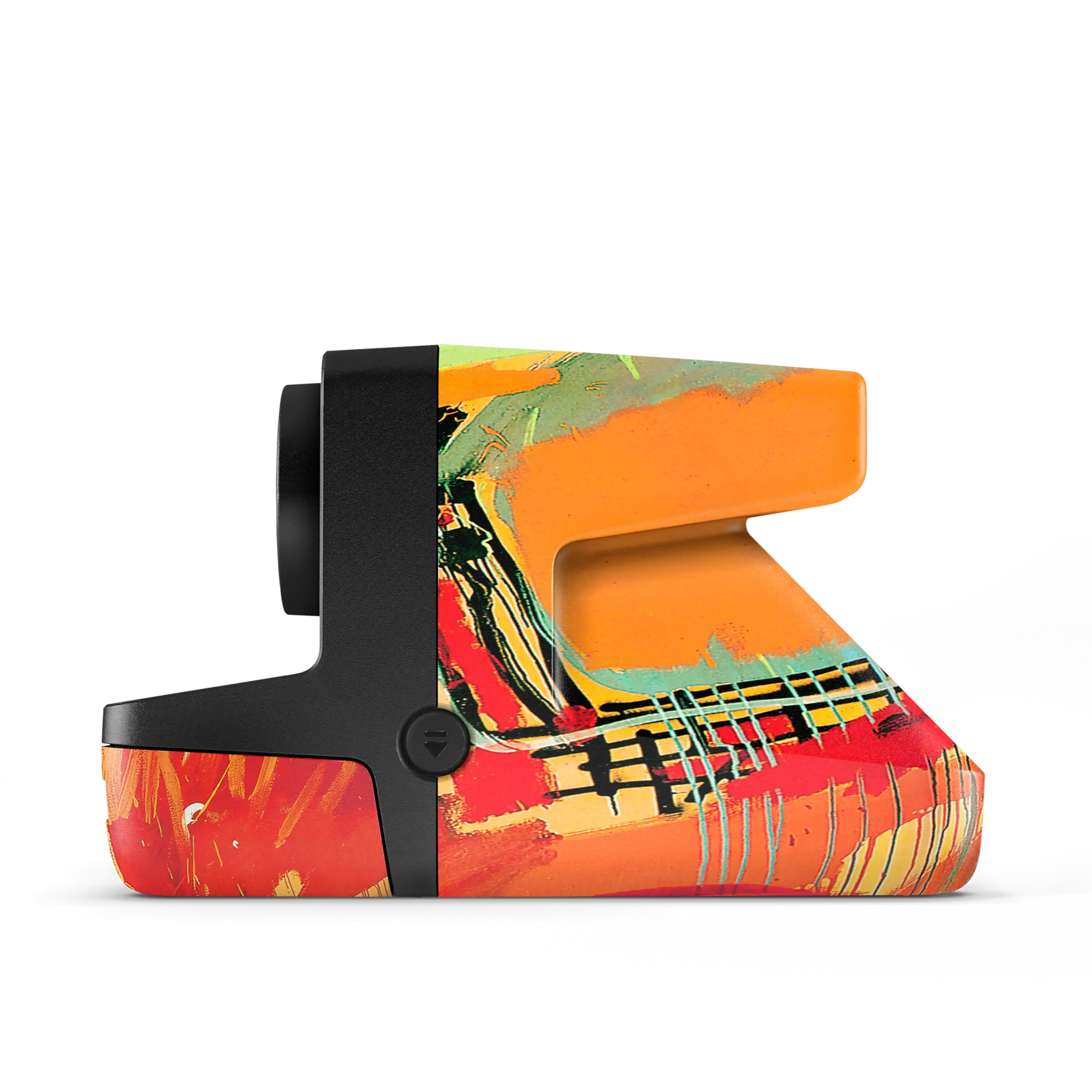 Vibrant abstract paint-splatter design adorns the side of a black-framed camera.