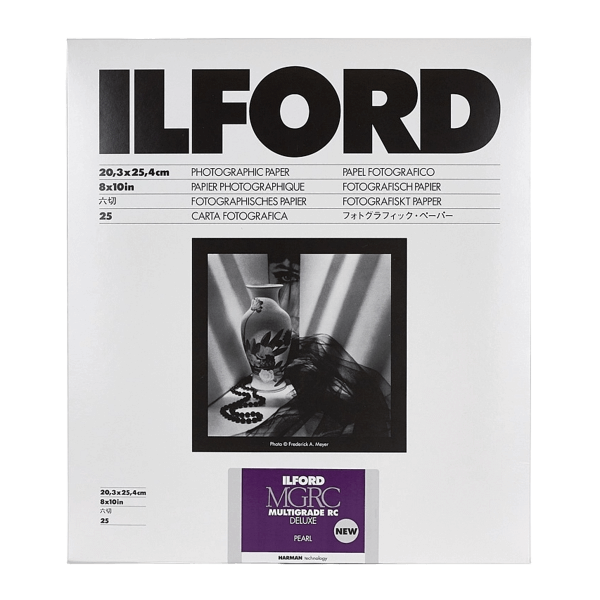 Ilford mgrc multigrade rc deluxe pearl photographic paper, 20.3x25.4cm (8x10in), featuring a black-and-white image of an ornate vase with floral patterns and draped fabric under dramatic