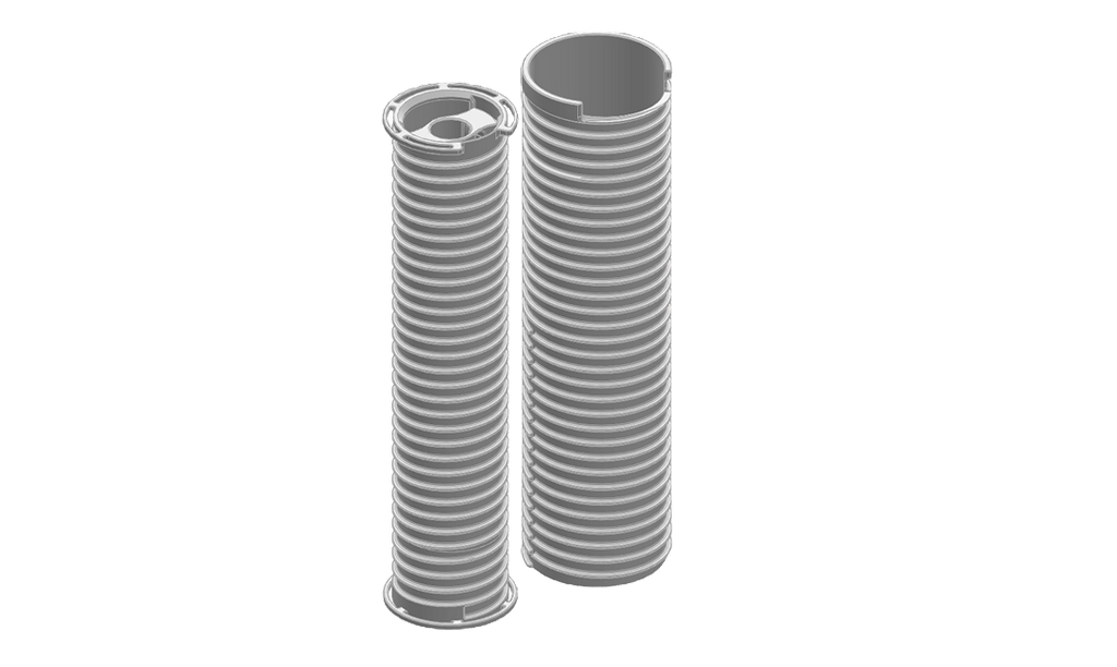 Gray, ribbed cylindrical motorcycle engine guards with a textured surface and open top ends.