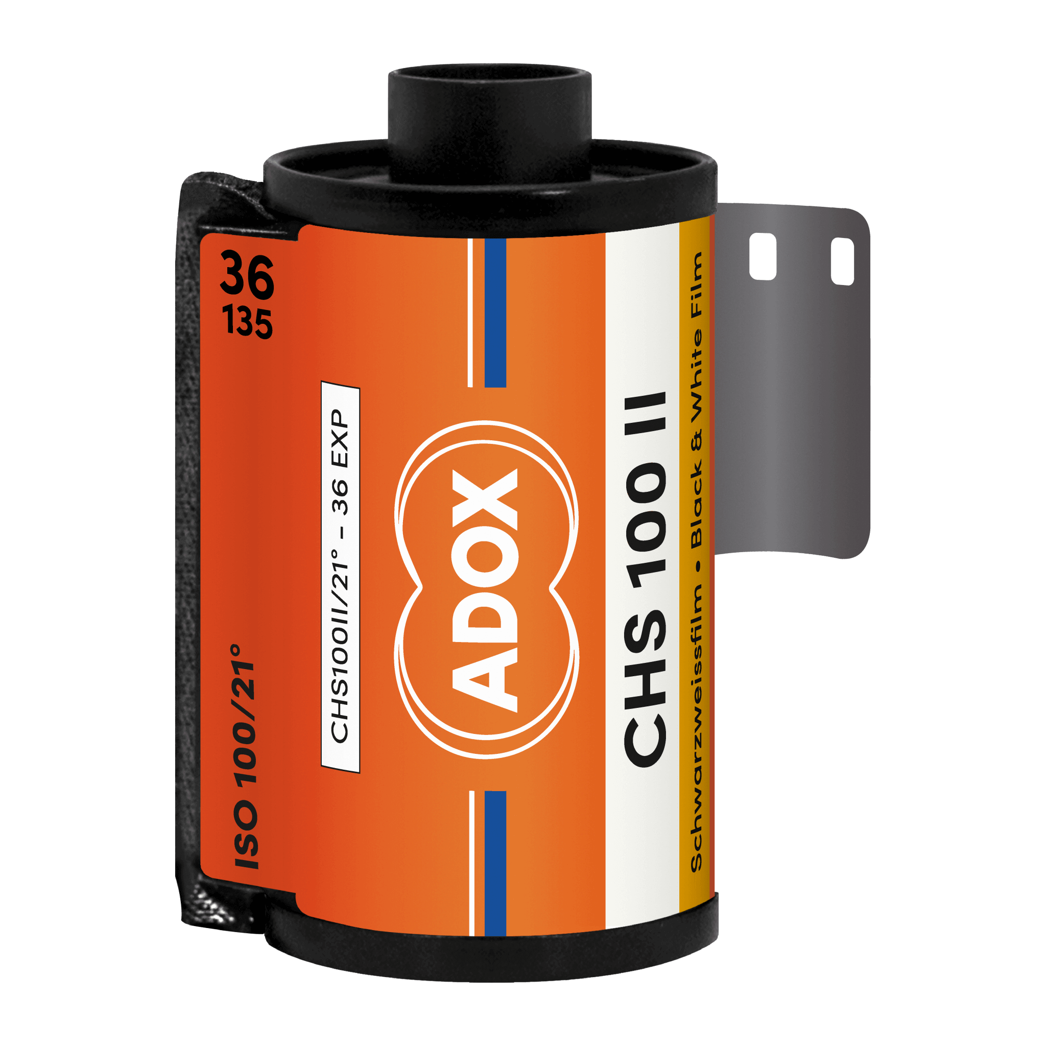 Orange and white labeled adox chs 100 ii black-and-white film roll with a black plastic spool.