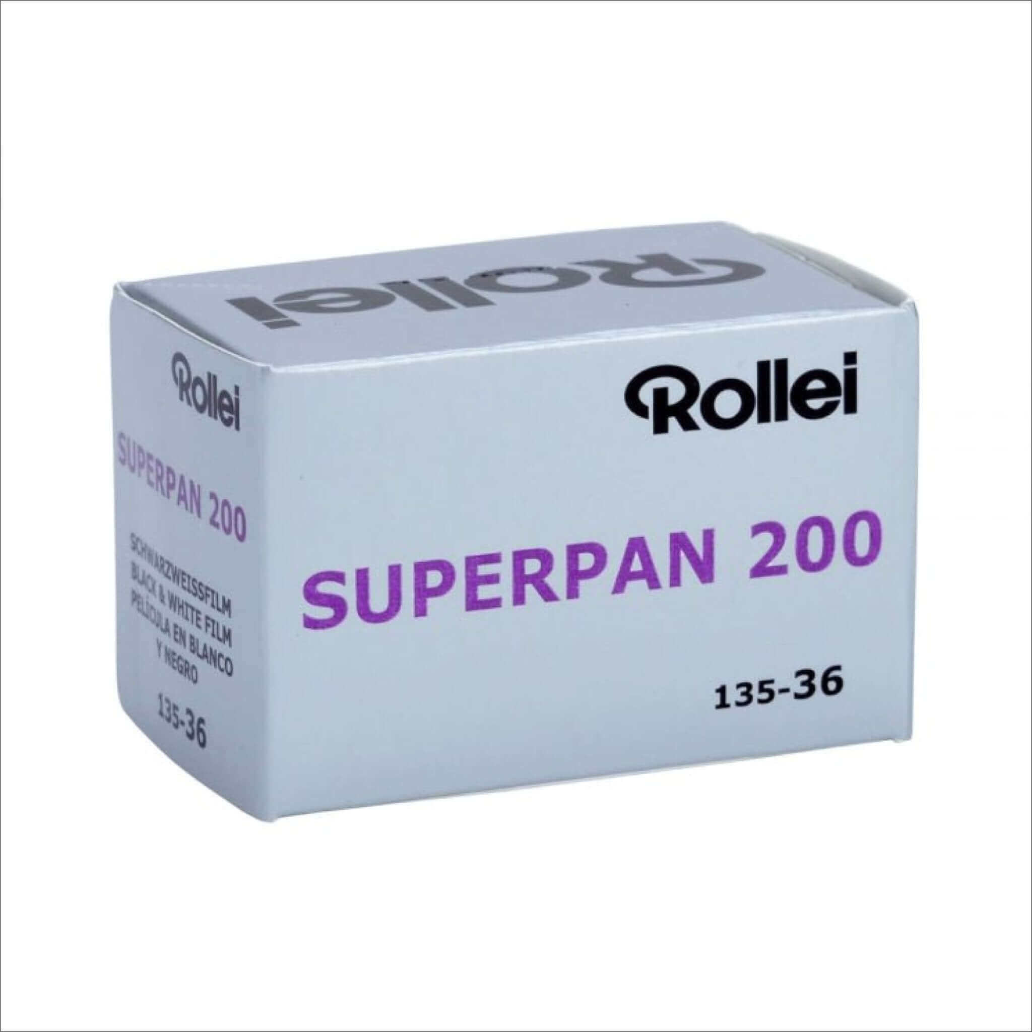 White cardboard box of rollei superpan 200 black and white film, labeled with purple text for the product name and model number.