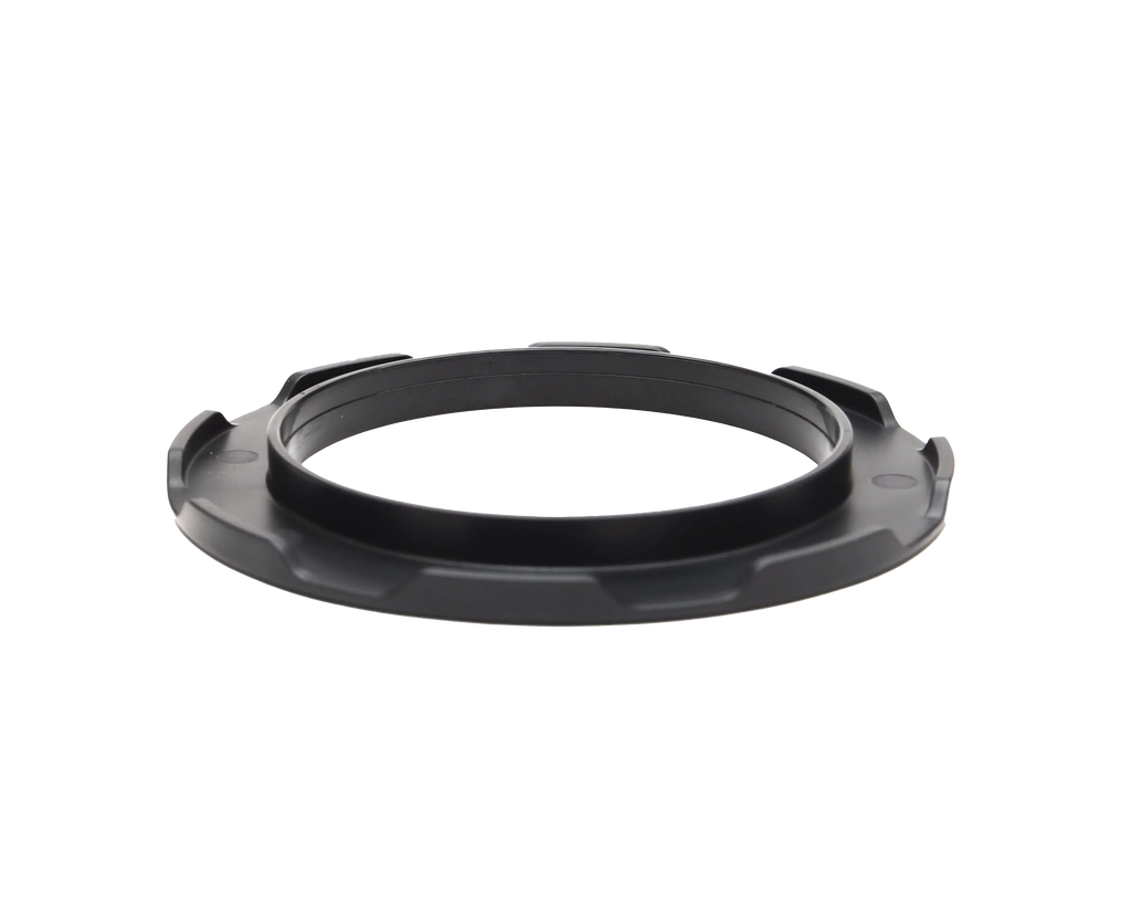 Black plastic ring adapter with textured ridges and a central groove