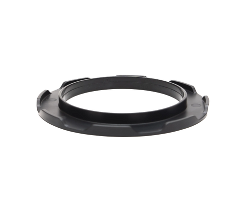 Black plastic ring adapter with textured ridges and a central groove