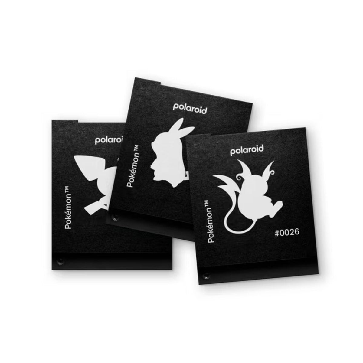 Black Polaroid Go darkslides printed with white Pokémon silhouettes
