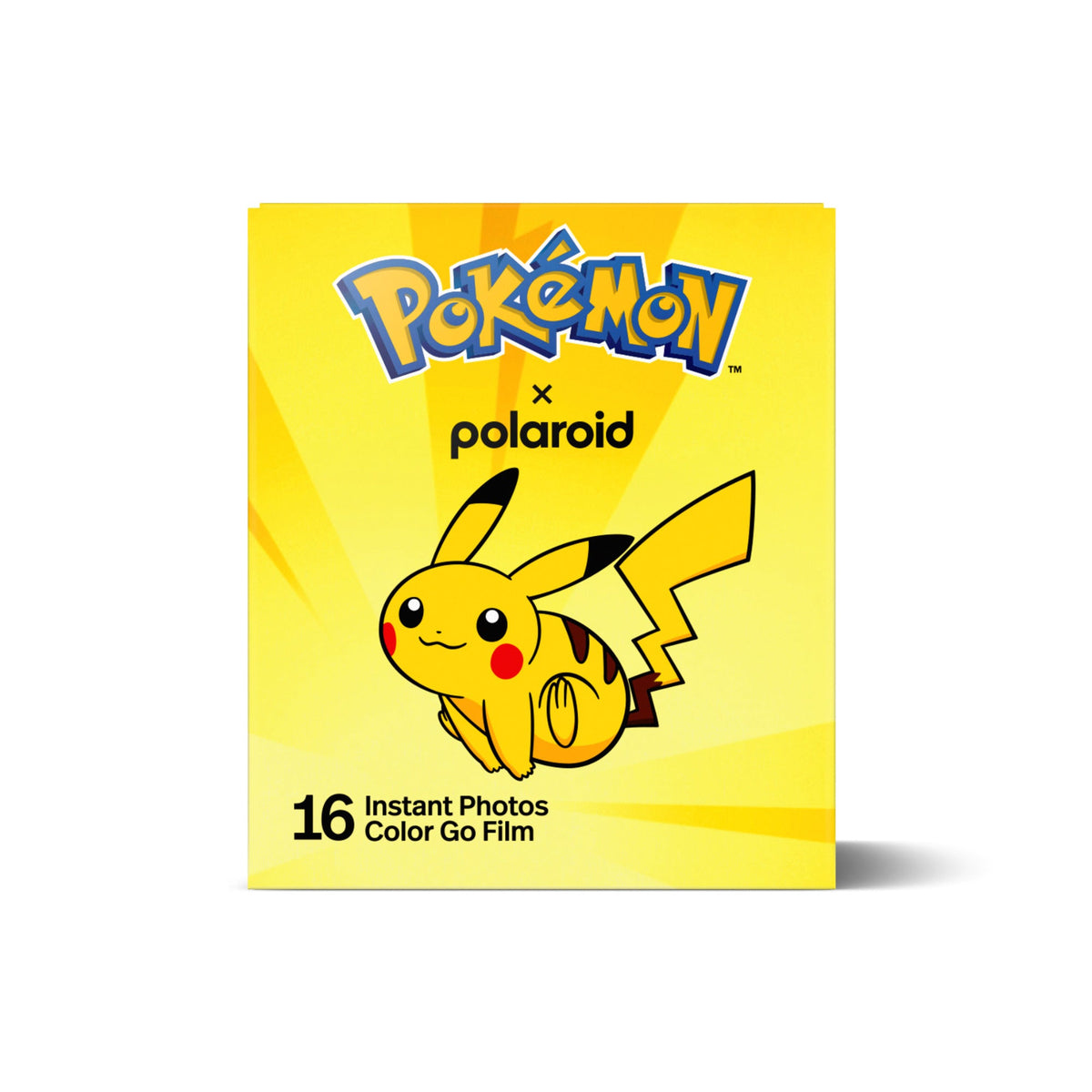 Front of the yellow Polaroid x Pokémon Go Color Film Pikachu Edition box, 16 instant photos