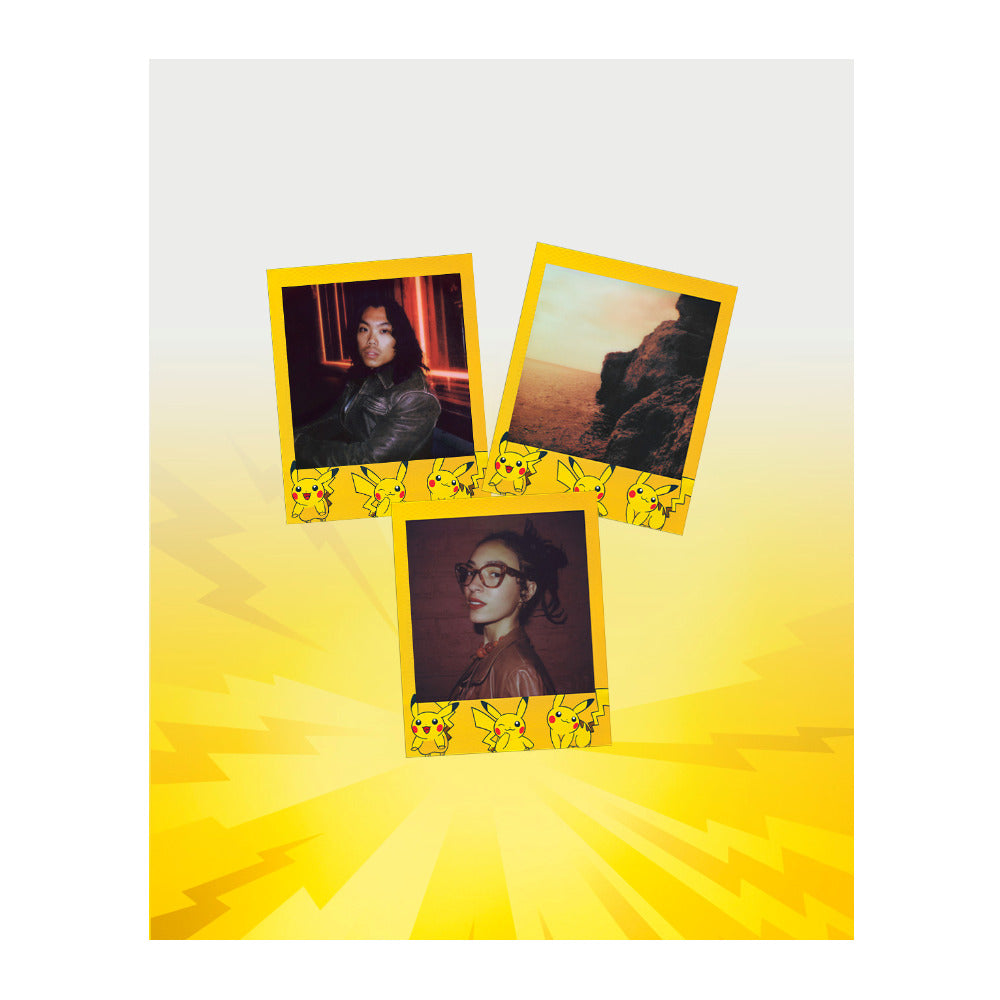 Three Polaroid Go photos with Pikachu edition frames on a yellow burst background