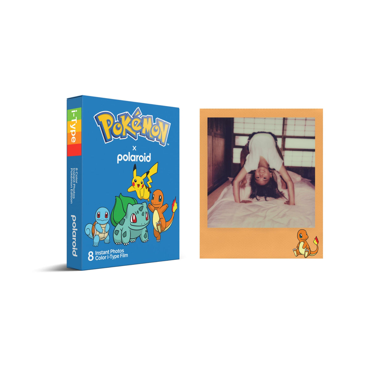 Polaroid Color i-Type Film Pokémon Edition box with Squirtle, Bulbasaur, Charmander and Pikachu, plus a sample framed photo