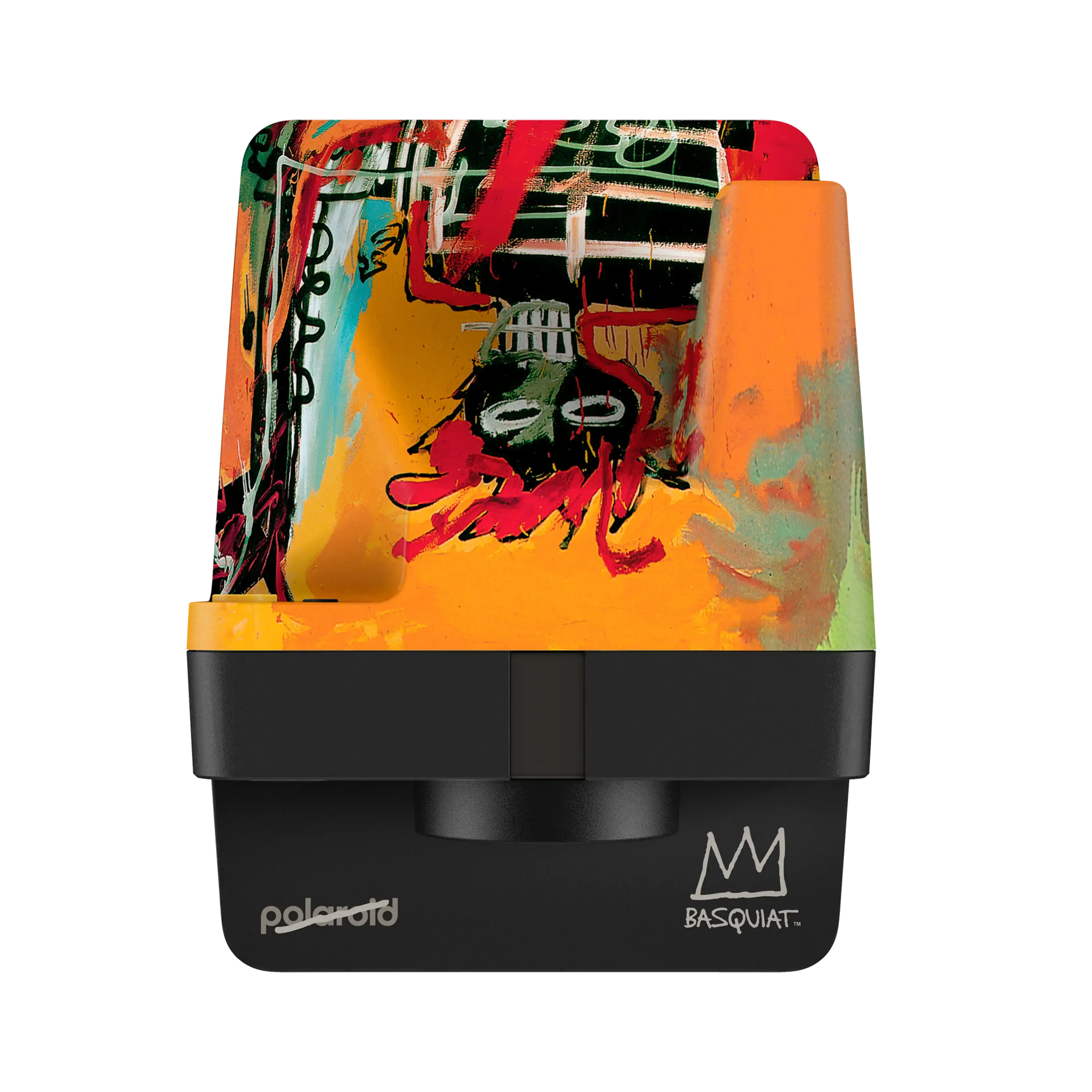 Polaroid instant camera featuring a vibrant, graffiti-style artwork with bold reds, oranges, and greens over a black base.