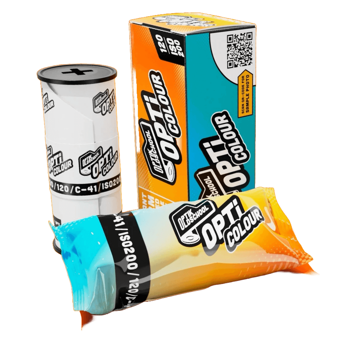 Orange and blue wrapped opti colour film canister with black labeling.