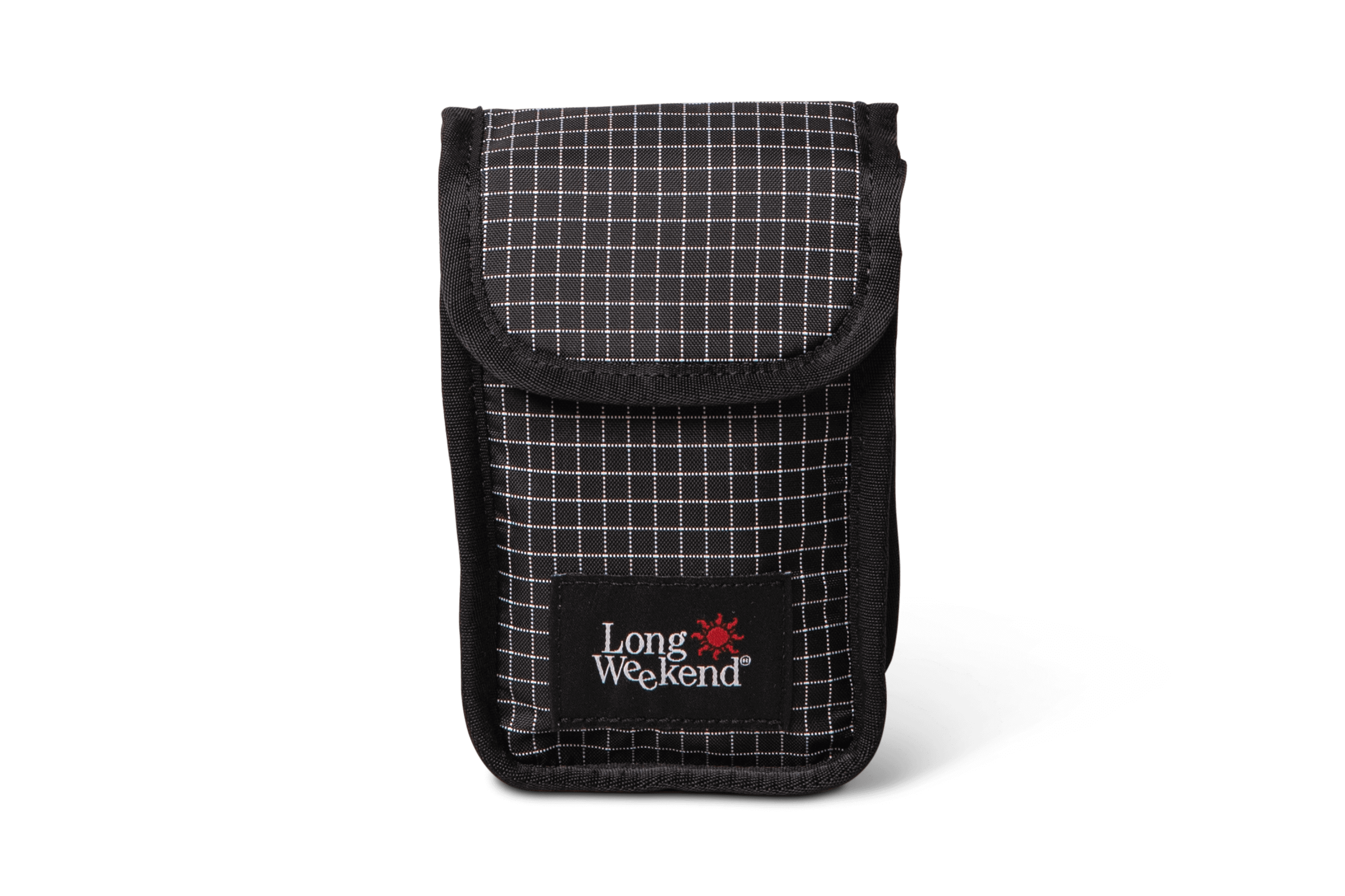 Black and white grid-patterned long weekend phone pouch with a black fabric flap.