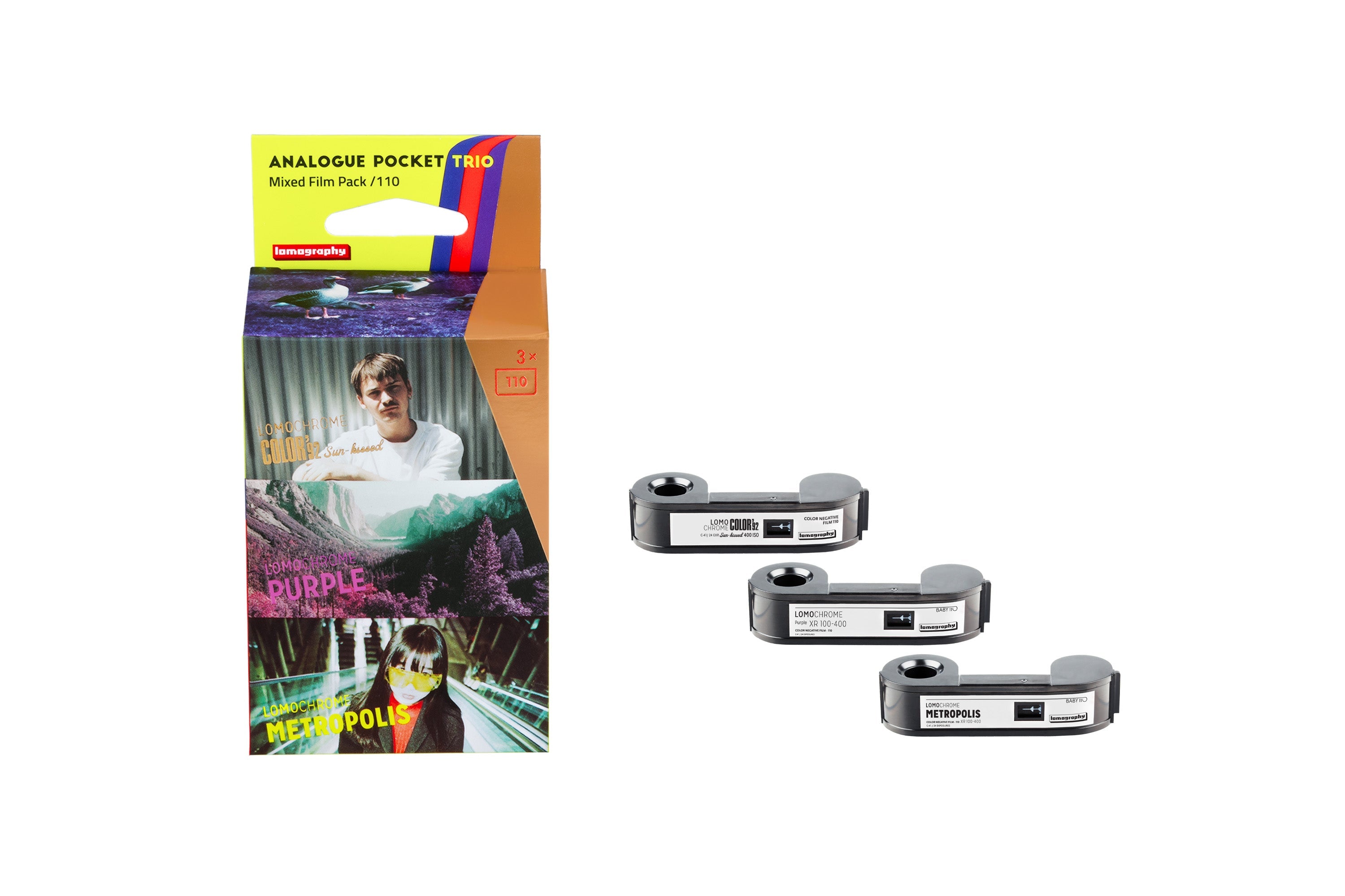 Lomography analog pocket trio mixed film pack featuring three silver-colored 35mm roll films in a colorful box with purple and orange accents.