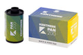 Kentmere pan 200 black and white film roll in a green, blue, and yellow box.