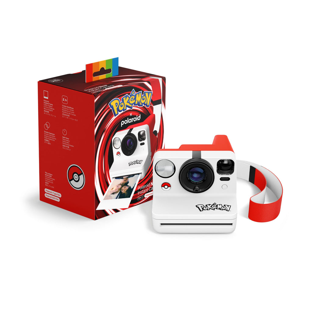 Polaroid Now Generation 3 Pokémon Edition camera with Poké Ball strap next to its red Poké Ball-themed gift box
