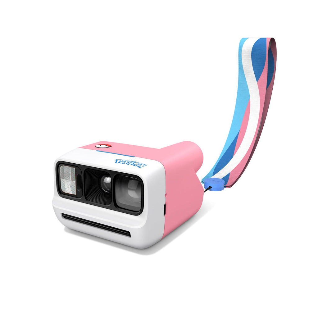 Angled view of the pink and white Polaroid Go Gen 3 Sylveon Edition with pastel strap