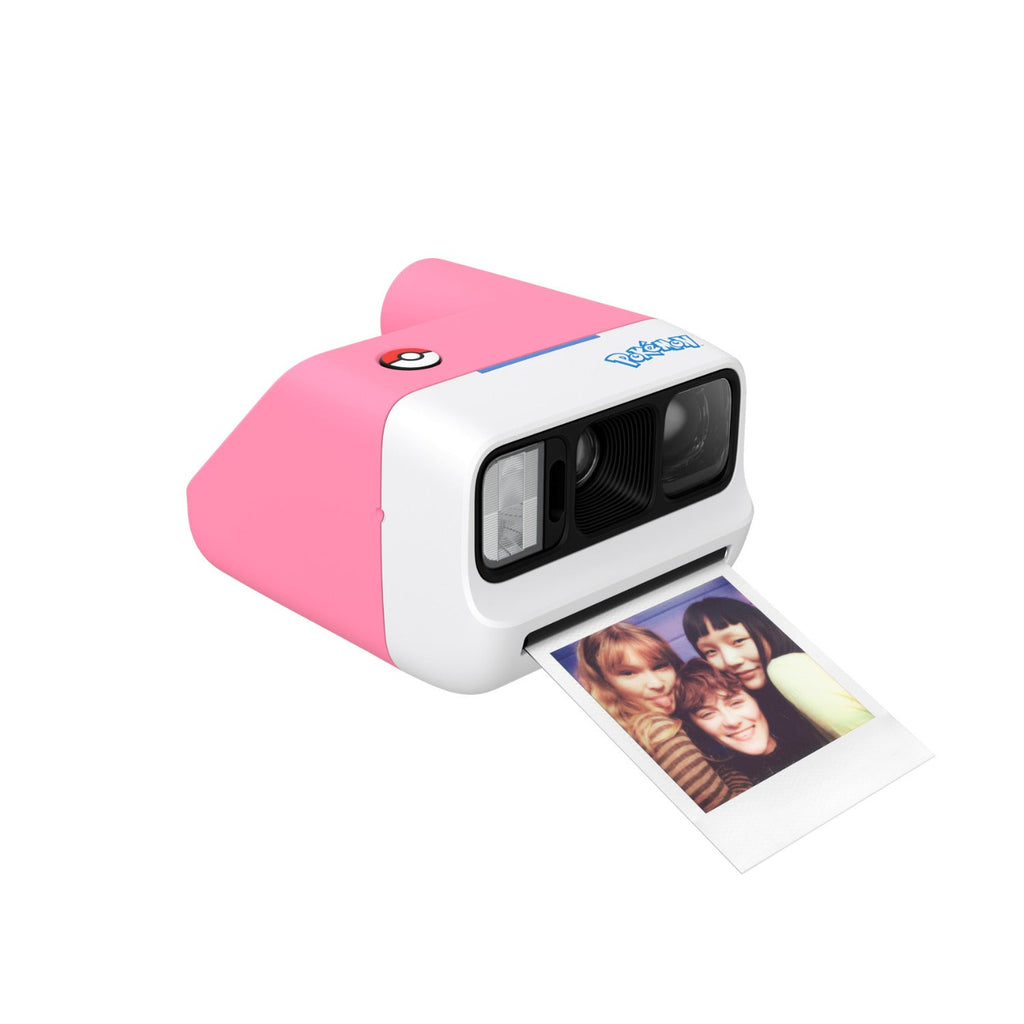 Polaroid Go Gen 3 Sylveon Edition ejecting a small Go instant photo of three friends