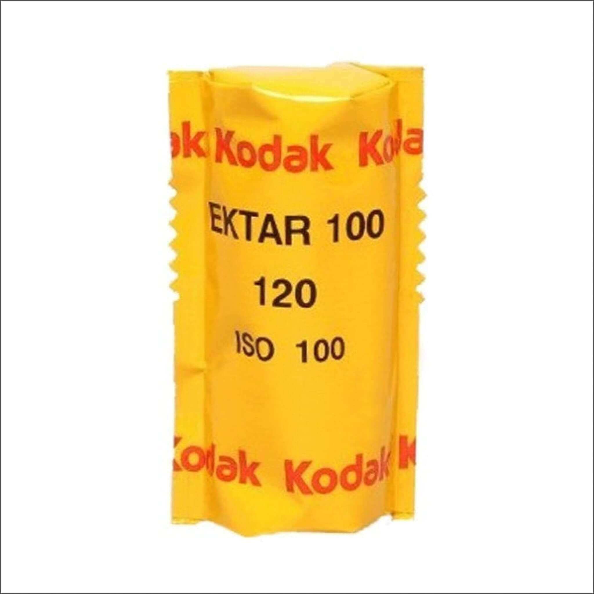 Yellow kodak ektar 100 film roll, iso 100, in a classic cylindrical package with red and black text.