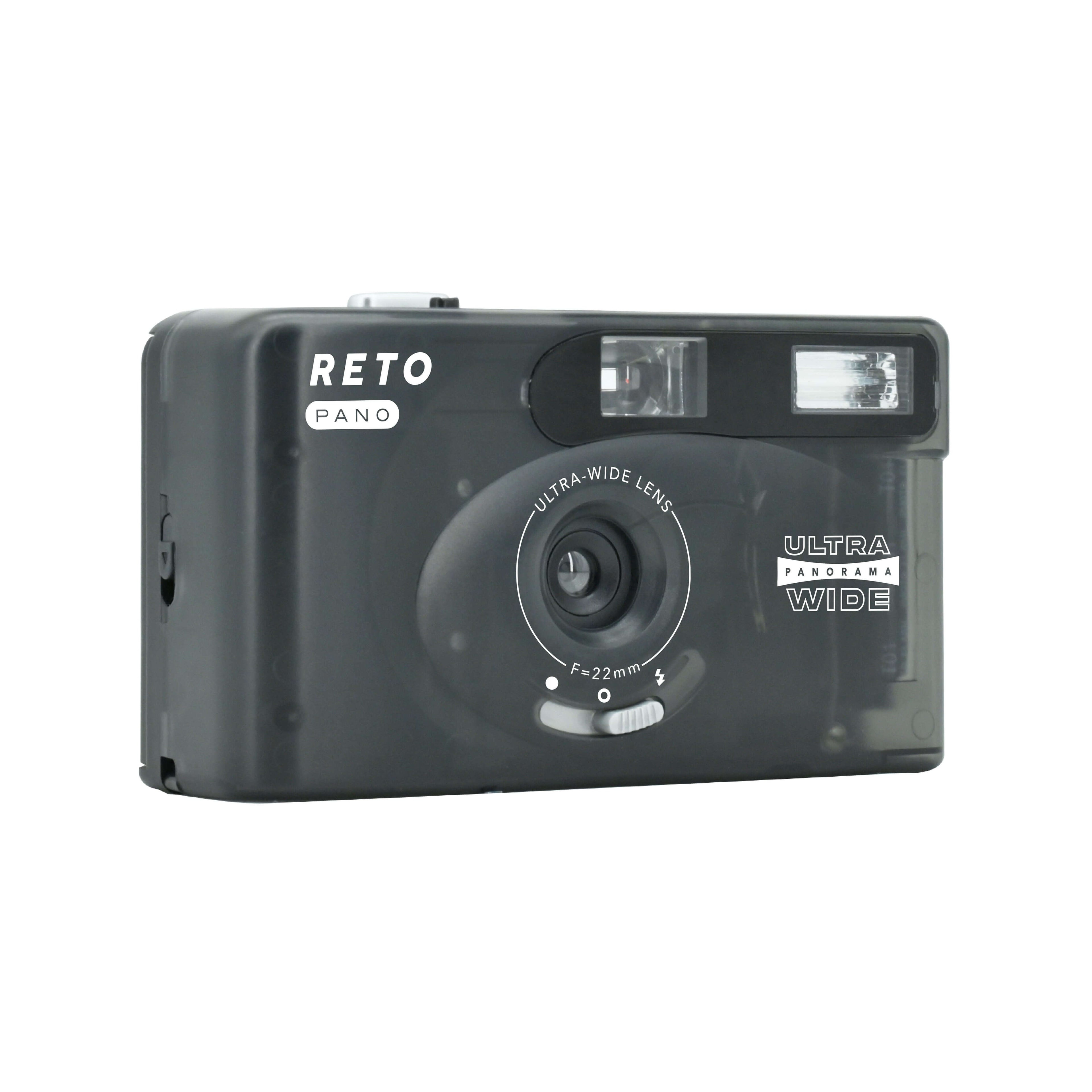 Black plastic reto pano ultra panorama wide camera with a 22mm ultra-wide lens and built-in flash.