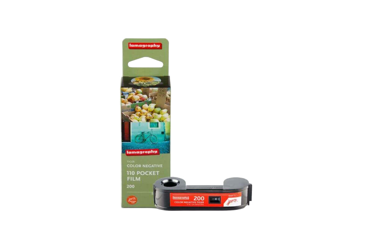 Lomography 110 pocket film, a compact roll of color negative film with a sleek black and red design.