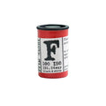 A red cylindrical canister of Film Washi black and white photographic developer, featuring a white label with a large black letter 'F' and technical specifications, set against a solid light blue background.