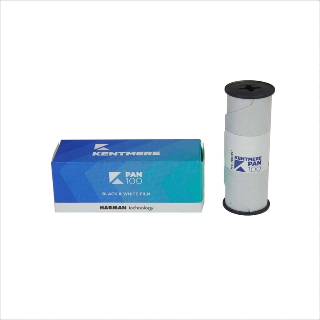 Kentmere pan 100 black and white film in a blue and teal box with harman technology branding.