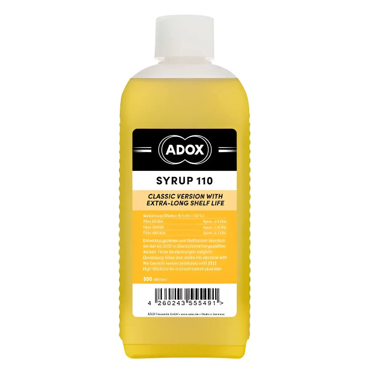 A yellow adox syrup 110 bottle with a white cap and an orange label featuring black text.