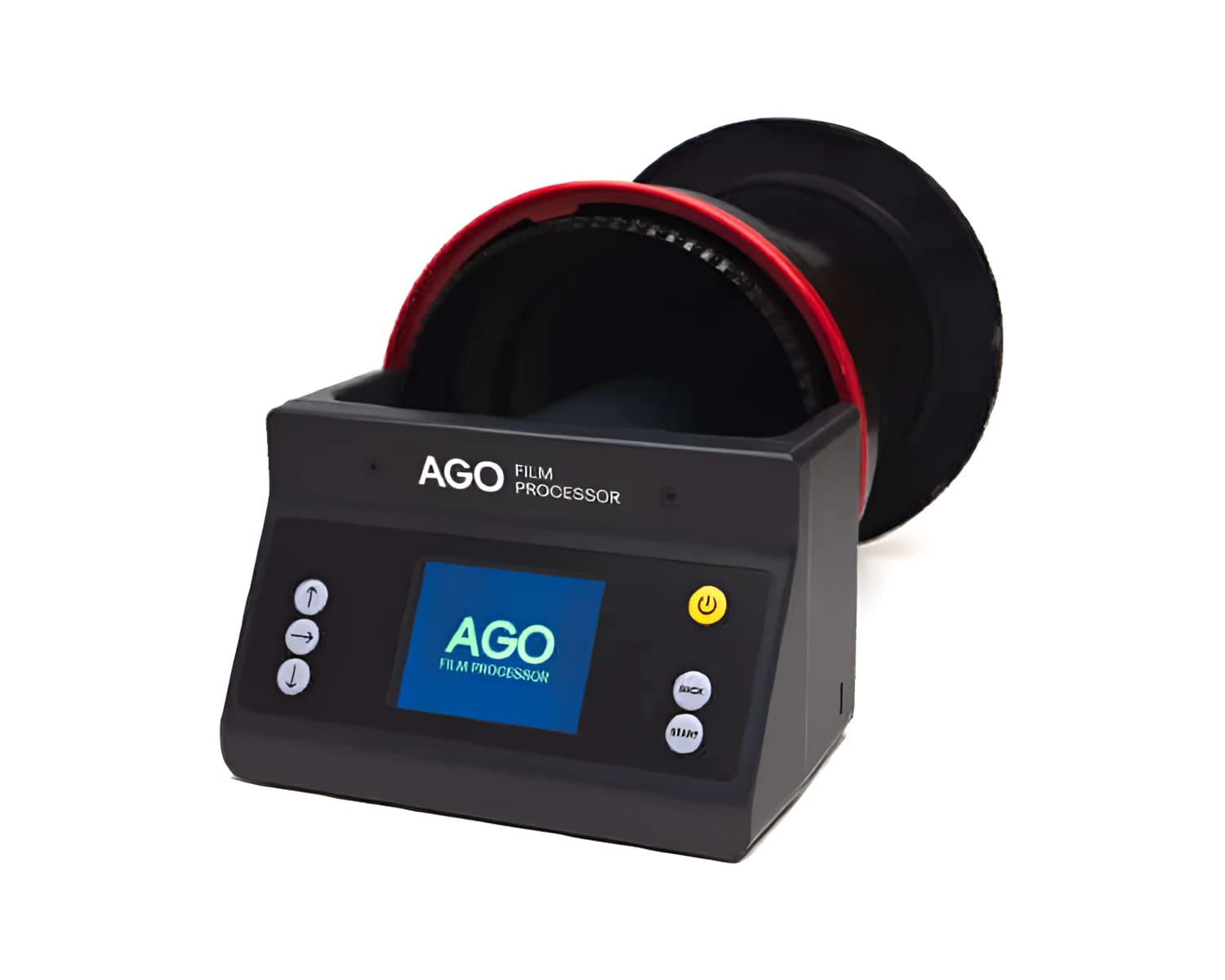 Black ago film processor with a red and black film canister slot, featuring a digital display screen and control buttons.