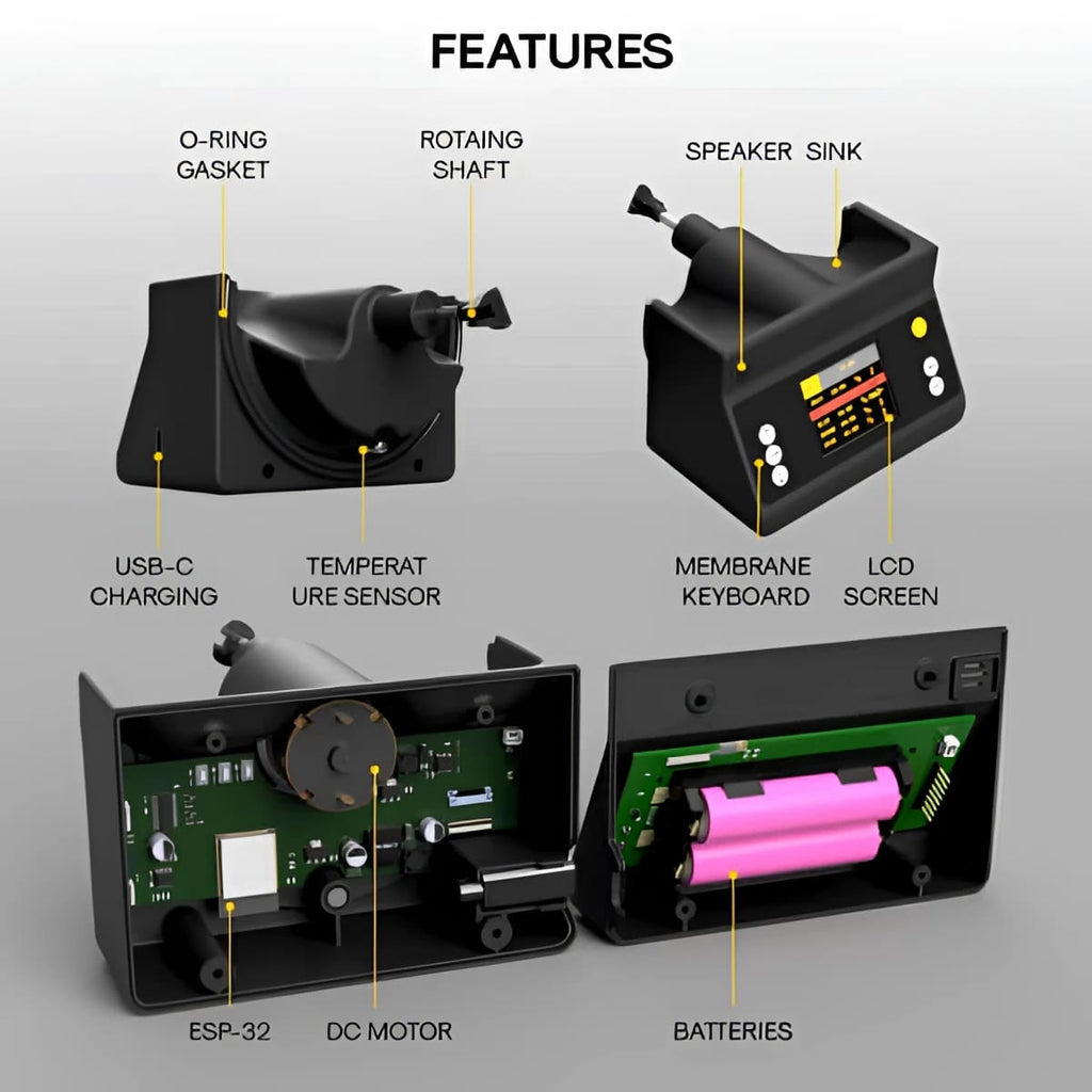 Black industrial-grade control panel with integrated lcd screen, membrane keyboard, usb-c charging port, and internal components including pink batteries and an esp-32 microcontroller.