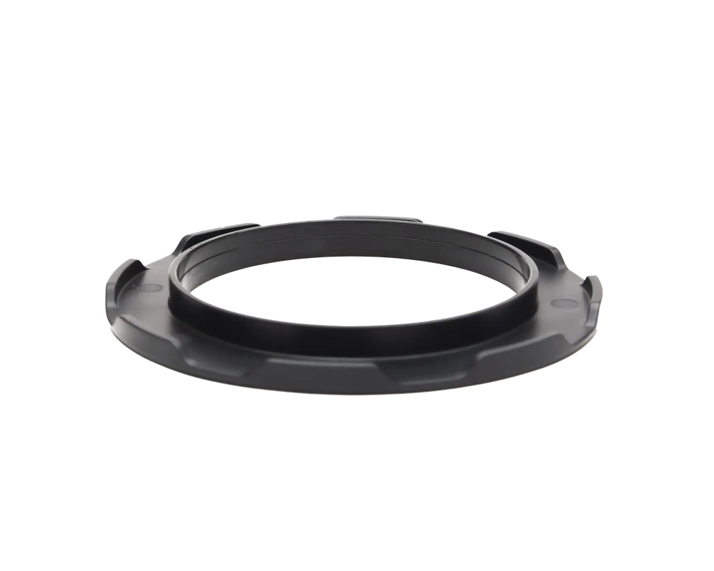 Black plastic ring adapter with textured ridges and a central groove