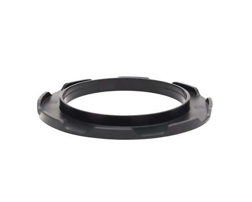 Black plastic ring adapter with textured ridges and a central groove