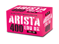 Vibrant pink box of arista 400 edu dx black and white photographic film.