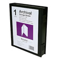 Black Besfile Beseler archival binder with rings featuring fold-over snap closures and a white label with purple graphic