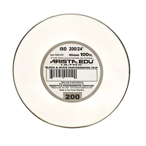 Aristo edu ultra black and white photographic film roll, 35mm, 100 feet long, iso 200/24°.