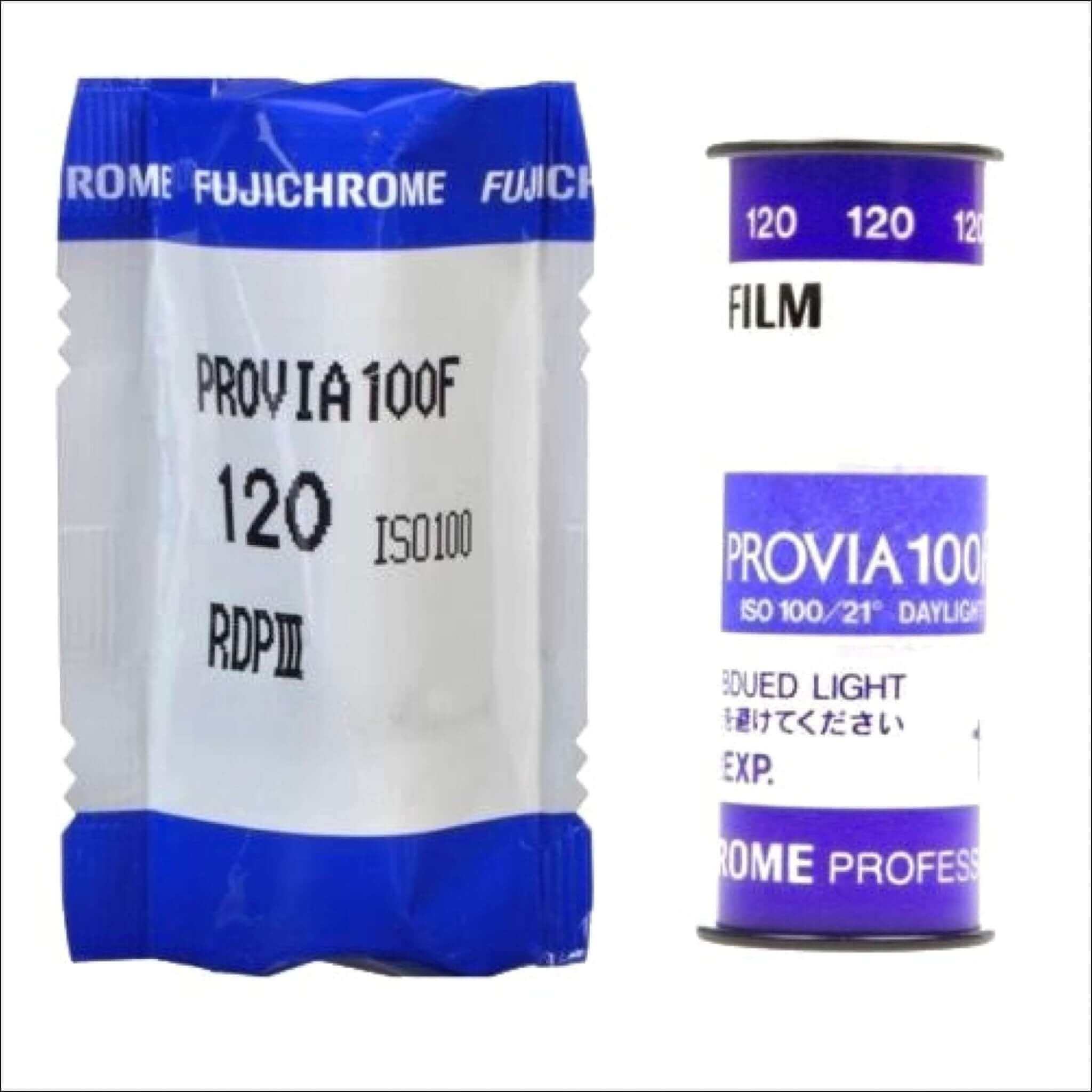Fujichrome provia 100f film roll in blue and white packaging, labeled with iso 100 sensitivity.
