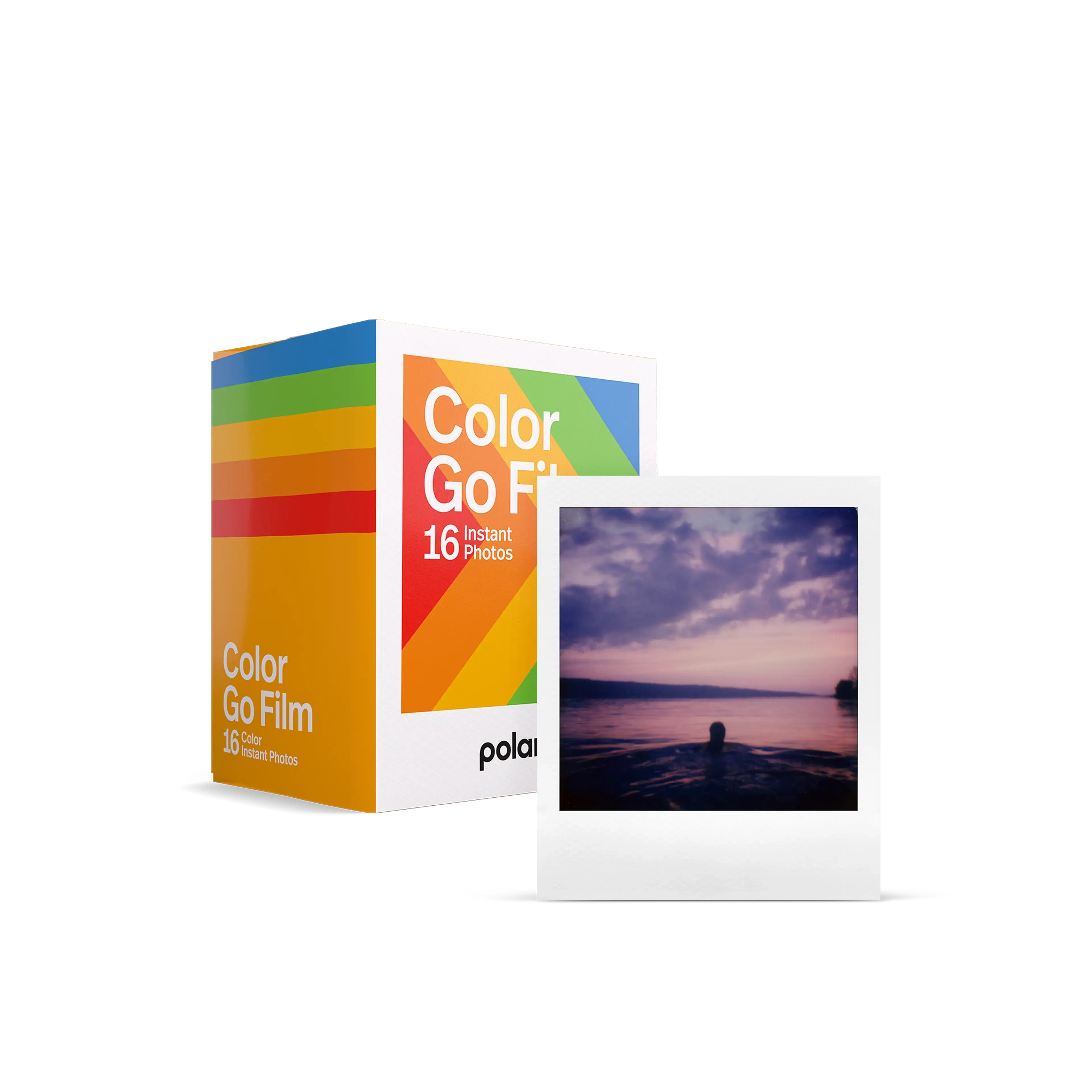 Polaroid color go film box with rainbow-striped design and a sample instant photo of a sunset over water.