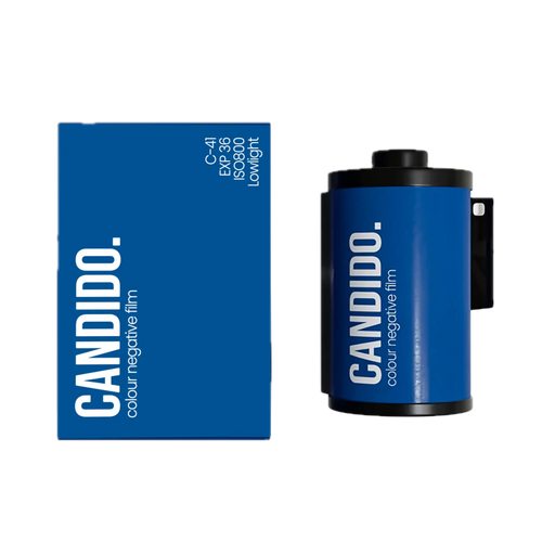 Candido c41 color 800 iso 35x36 film in vibrant blue canister with packaging 35mm color negative film