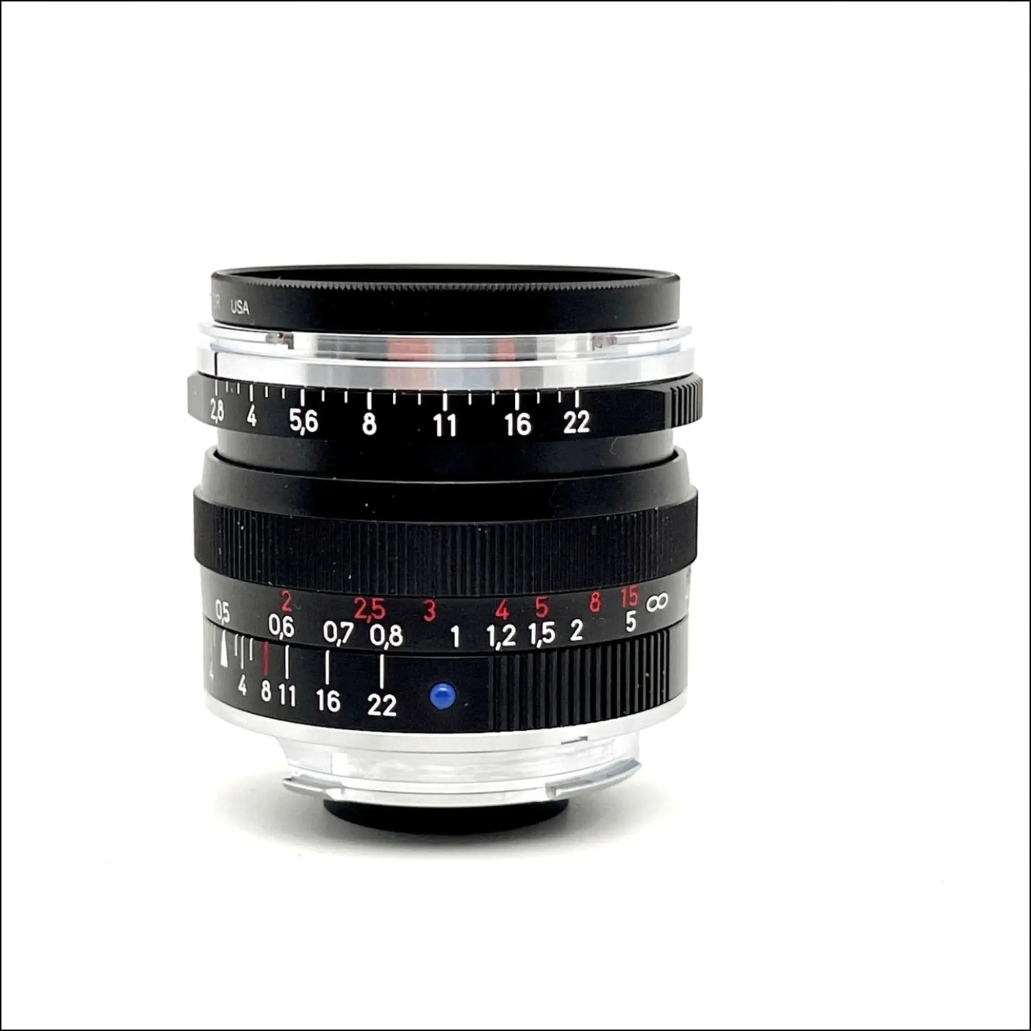 Black and silver leica summicron-m 35mm f/2 asph lens with engraved markings.